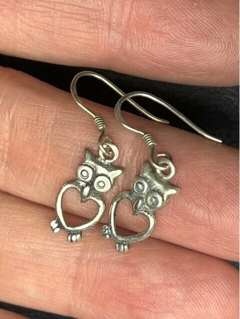 B7383 Sterling Silver Owl Heart Dangle Earrings 1.2" Animal Lover Charm